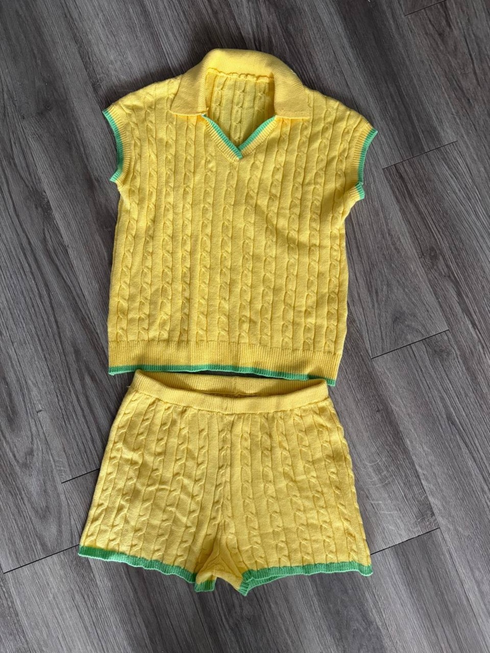 Yellow Knit Set with Green Trim